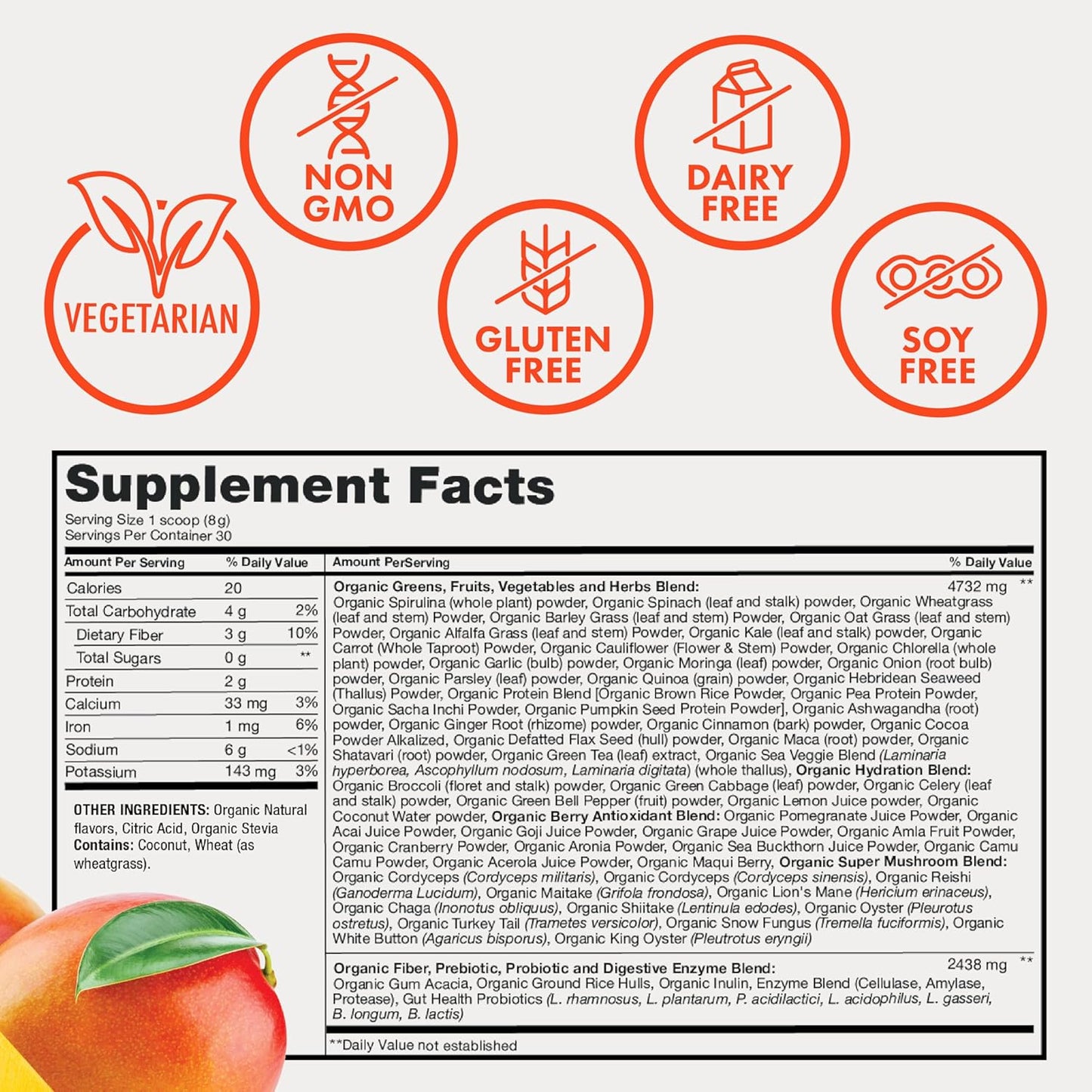 Zena Organic Super Greens Powder, 70+ Superfoods Drink Mix, 0 Sugar, 3G Fiber, F