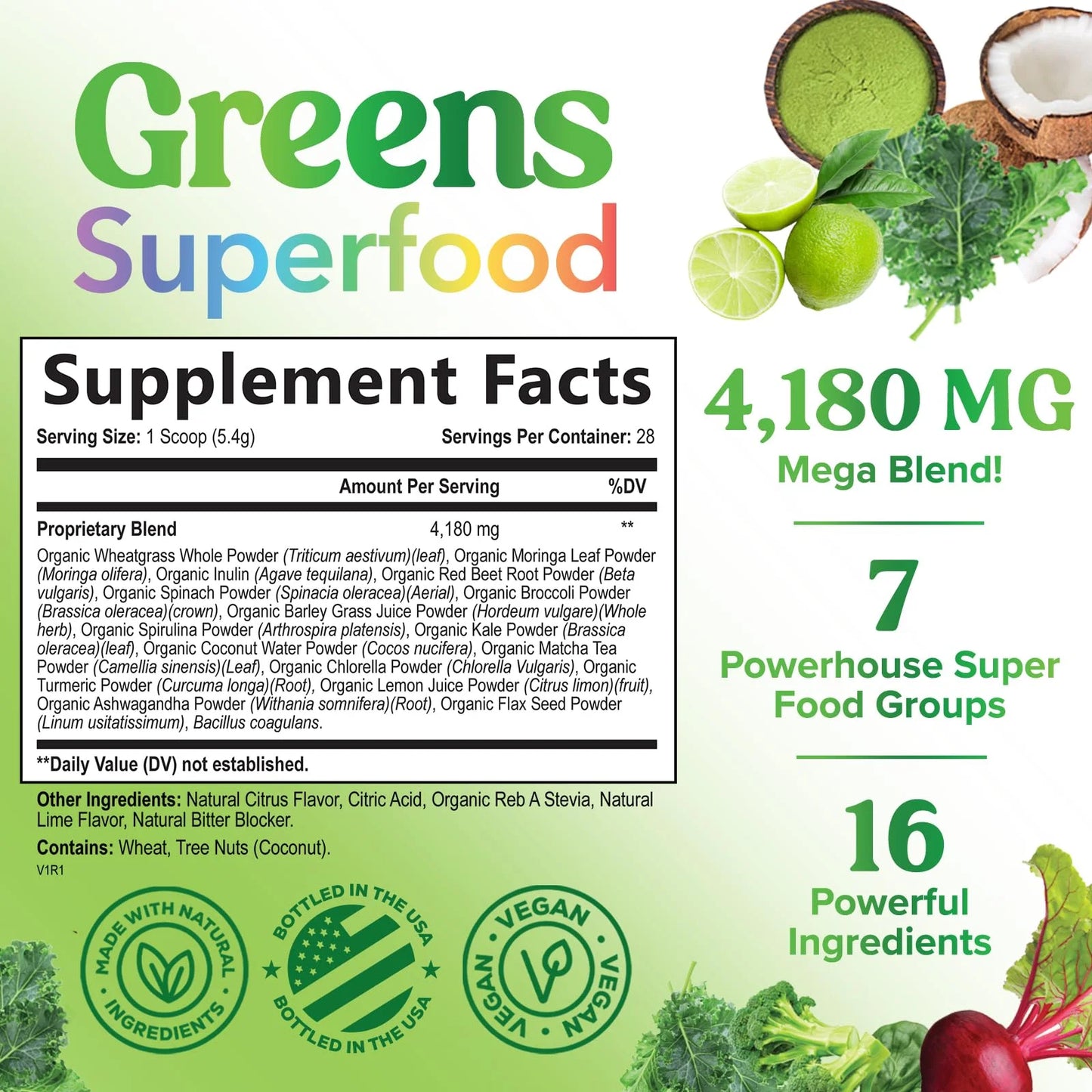 Greens Superfood Powder - Original Organic Super Greens Juice Powder - Packed with Probiotics, Wheat Grass, Enzymes, Spirulina, Chlorella for Digestive & Gut Health, Smoothie Drink Mix - 28 Servings