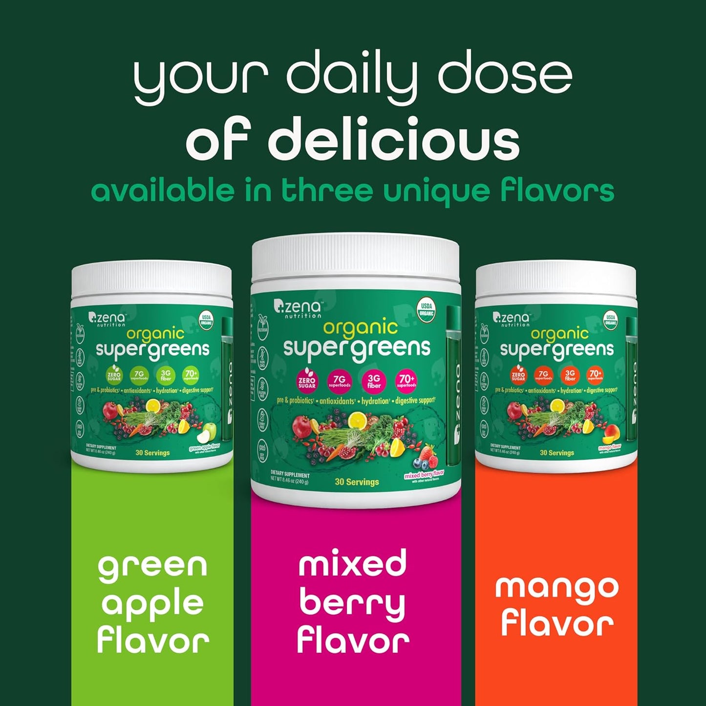 Zena Organic Super Greens Powder, 70+ Superfoods Drink Mix, 0 Sugar, 3G Fiber, F