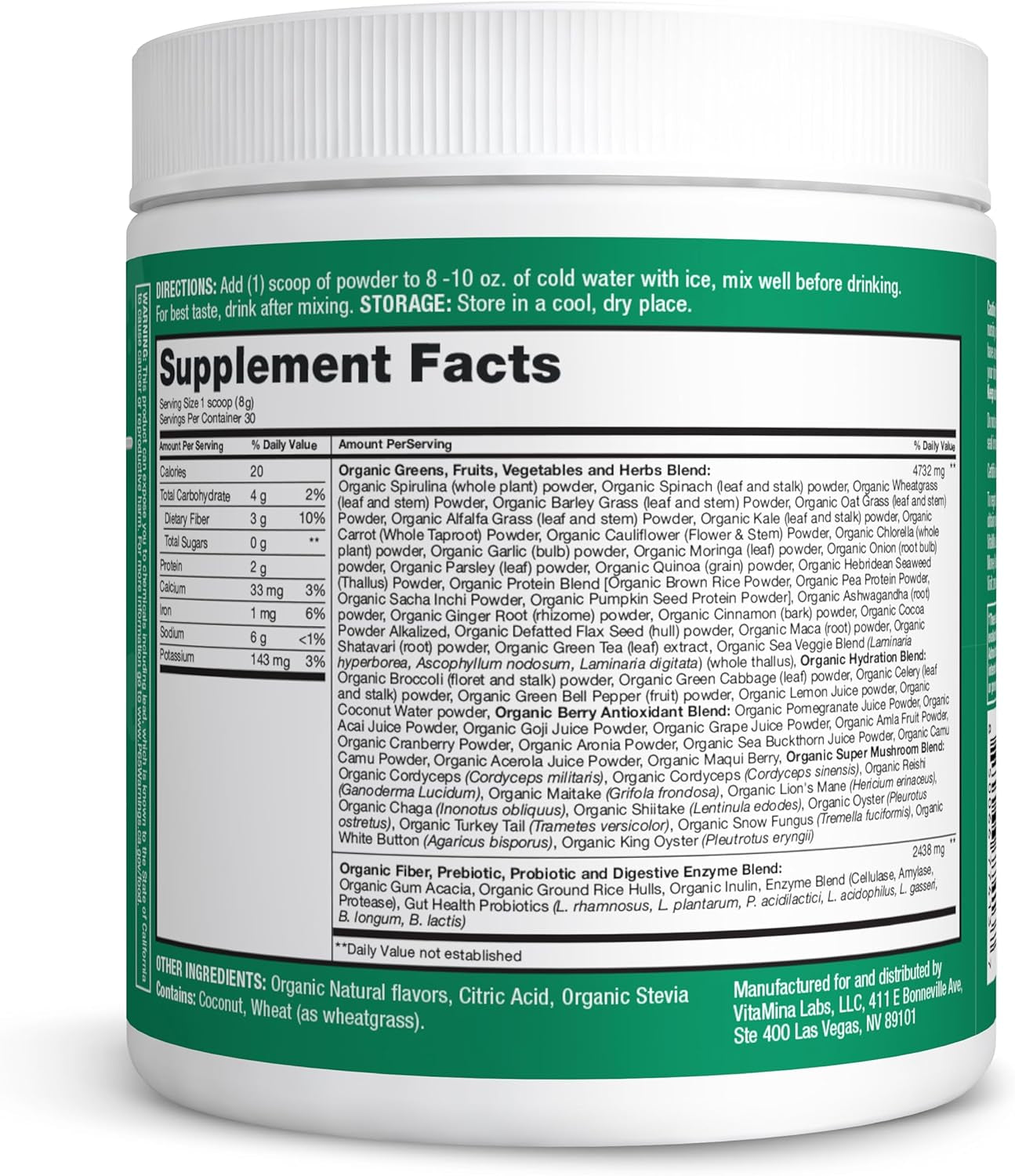 Zena Organic Super Greens Powder, 70+ Superfoods Drink Mix, 0 Sugar, 3G Fiber, F