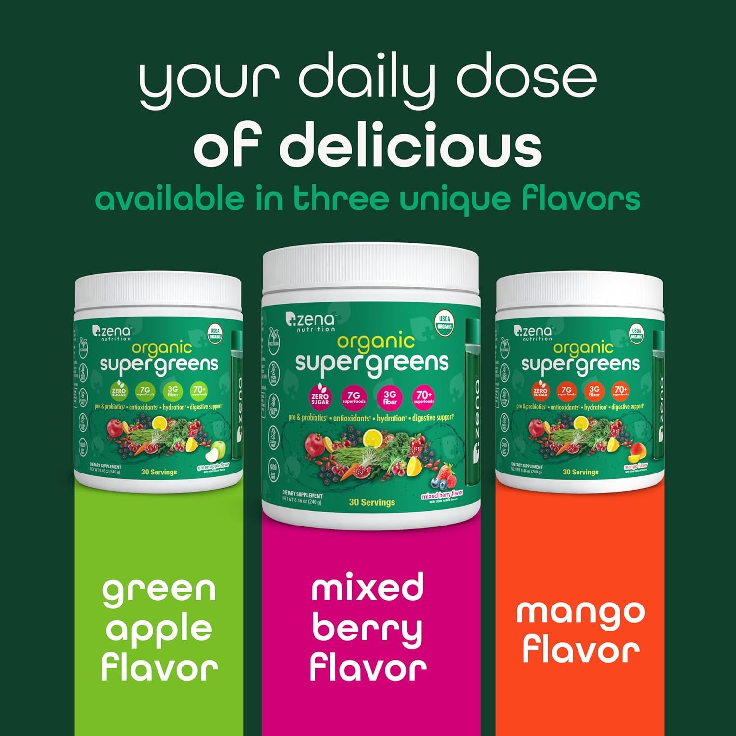 Zena Organic Super Greens Powder, 70+ Superfoods Drink Mix, 0 Sugar, 3G Fiber, F