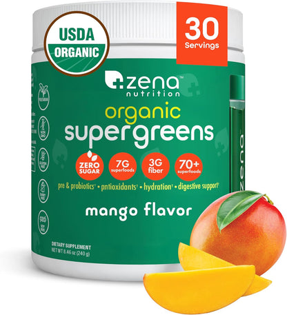 Zena Organic Super Greens Powder, 70+ Superfoods Drink Mix, 0 Sugar, 3G Fiber, F