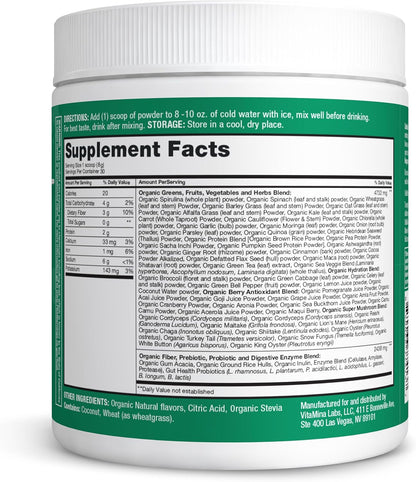 Zena Organic Super Greens Powder, 70+ Superfoods Drink Mix, 0 Sugar, 3G Fiber, F